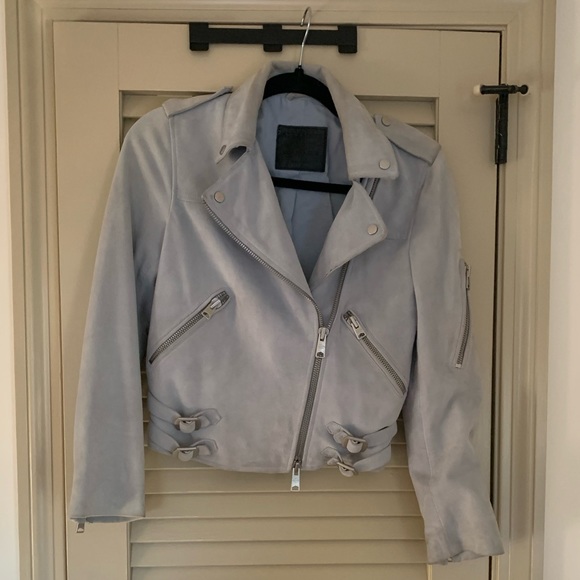 All Saints Suede Balfern Biker Jacket in Luna Blue - Picture 2 of 14